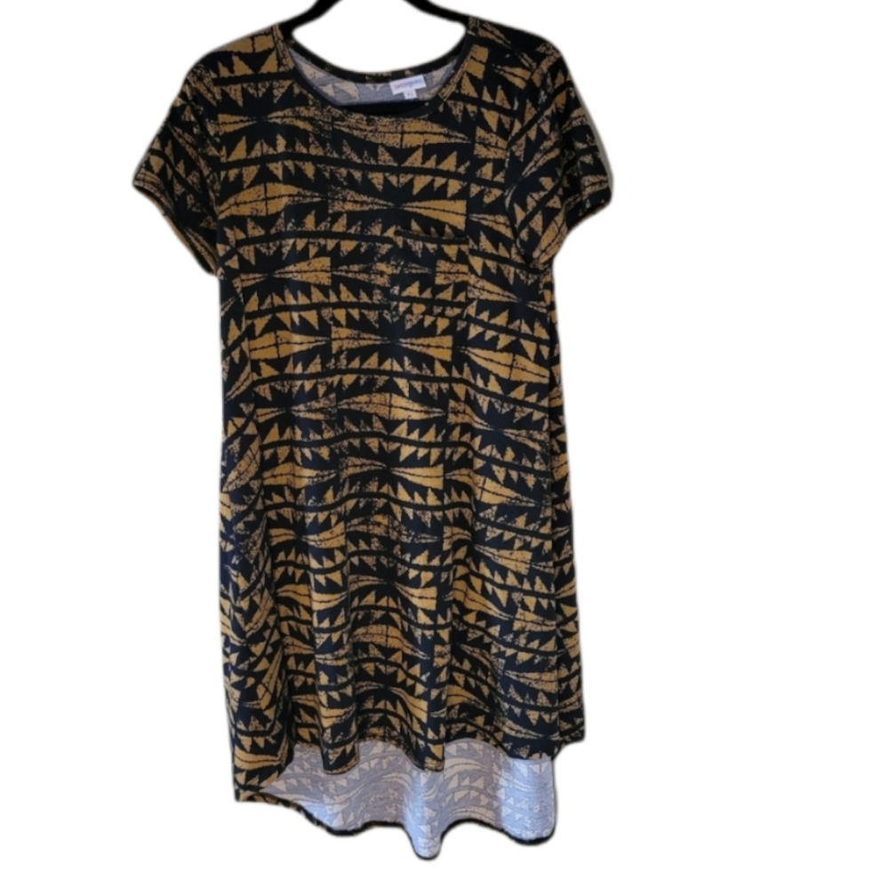 LulaRoe black and gold short sleeved dress.
